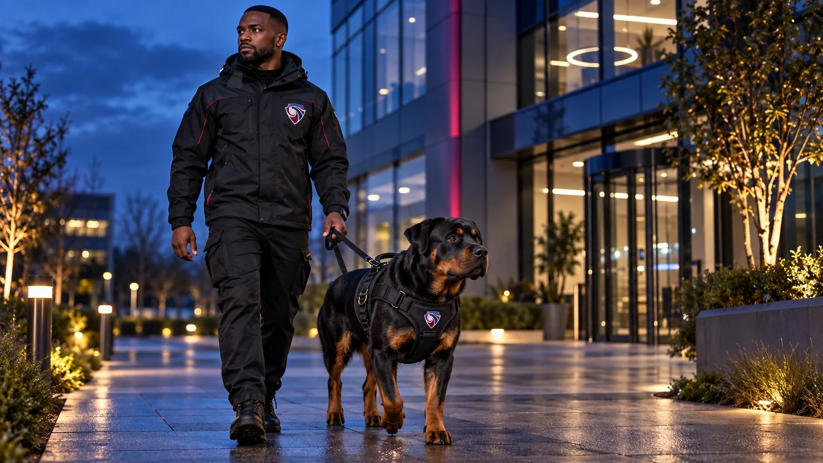 Security dog handler and Rottweiler patrolling a corporate entrance at night