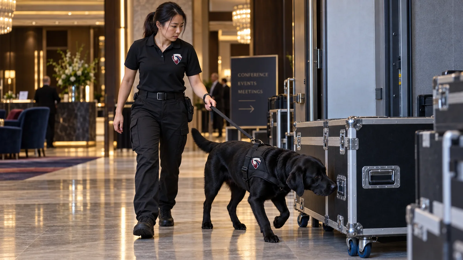 Detection dog handler and Labrador searching equipment cases at a conference venue
